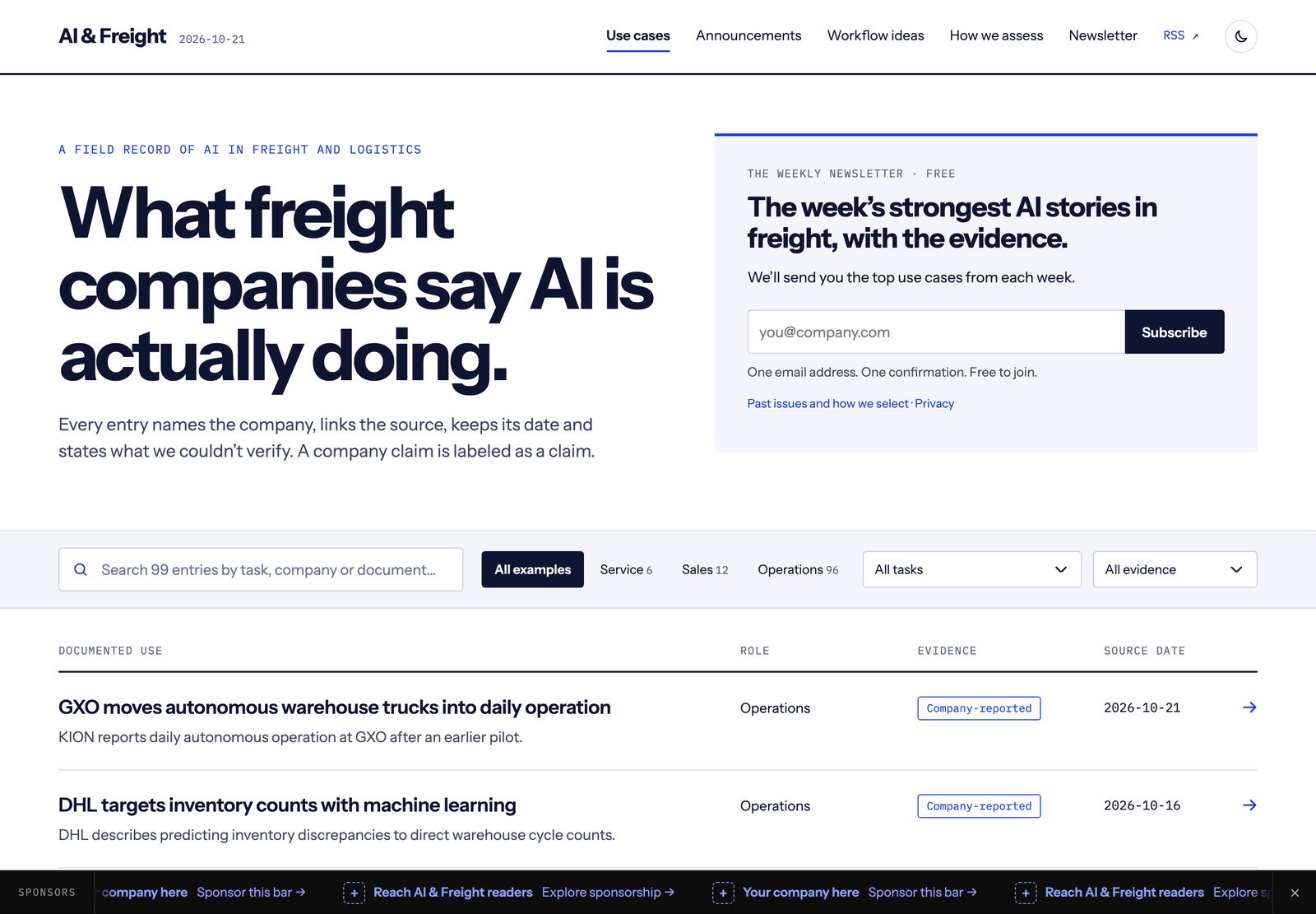 AI & Freight's public website with its use-case library, search, role filters and evidence labels.