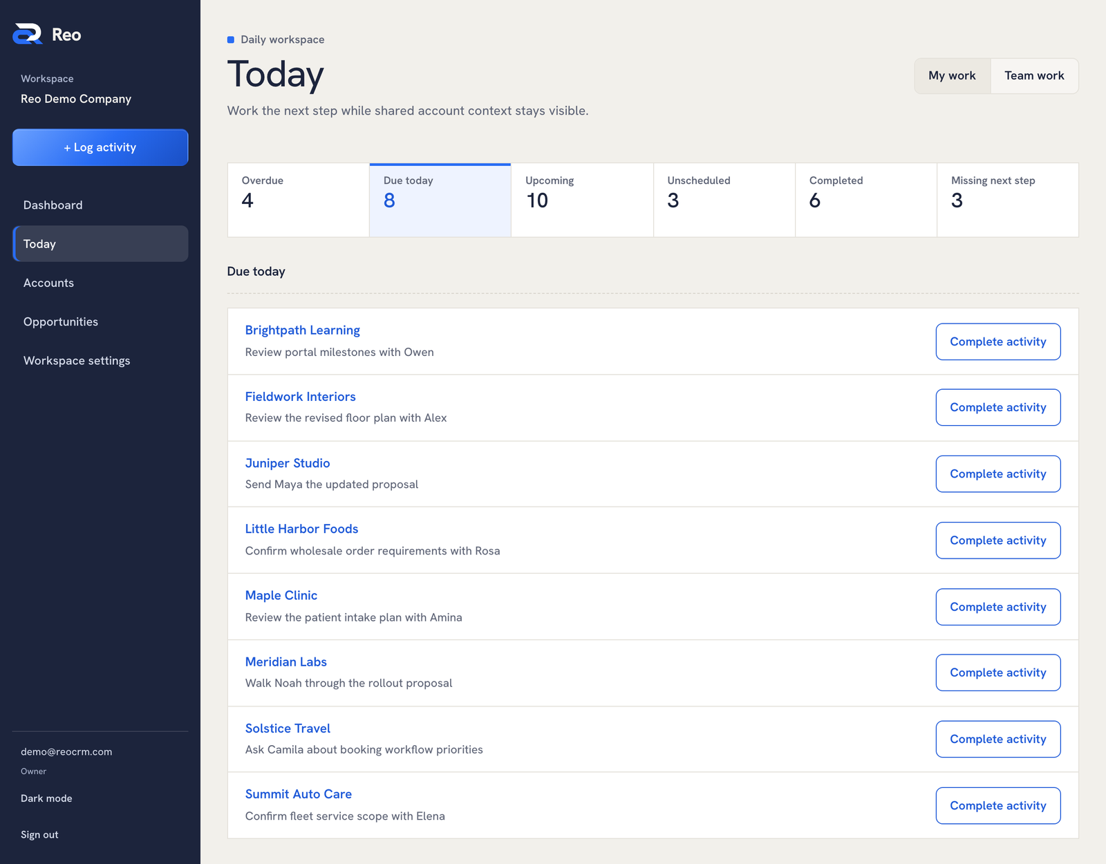 Reo's Today screen showing follow-up groups and due-today tasks in the demo company.