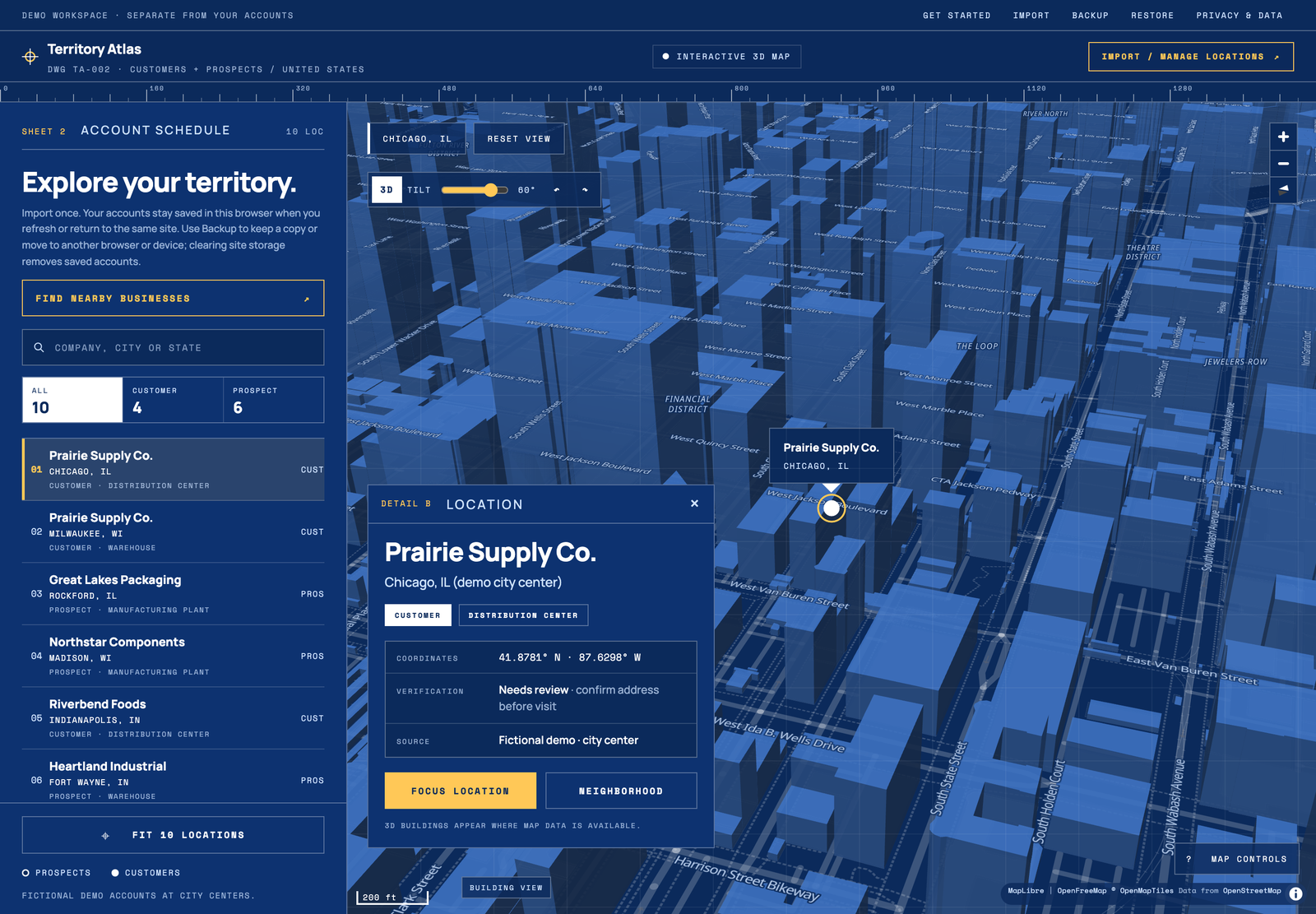 Territory Atlas's demo workspace with a fictional account selected on the 3D map of Chicago.
